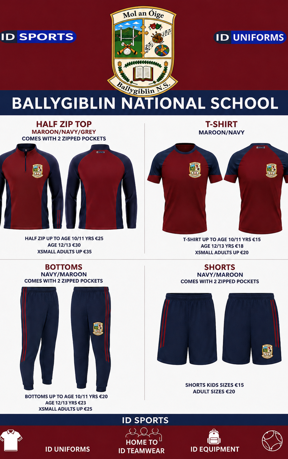 Ballygiblin National School activewear uniform: half-zip top, T-shirt, tracksuit bottoms and shorts